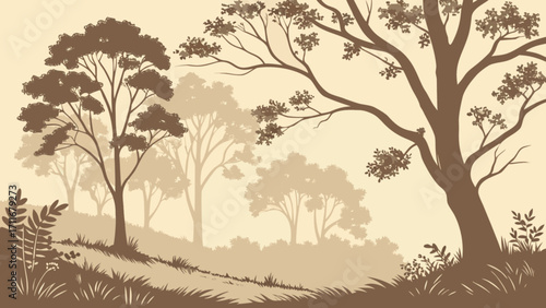 Illustration of a serene forest landscape with trees grass and foliage in a muted brown color palette