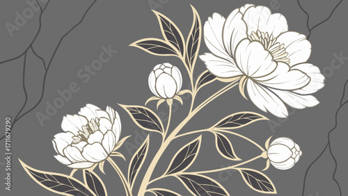 Elegant floral arrangement featuring white peonies and stylized leaves on a gray background design