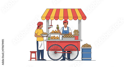 Illustration of an Indian street food vendor selling samosas and other snacks from a cart, showcasing culture and cuisine with people