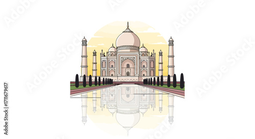The Taj Mahal, a masterpiece of Mughal architecture in India, showcasing intricate details and symmetrical design, reflected in serene waters, embodying love and history