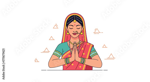 Illustration of a woman in traditional Indian attire with hands in a prayer position, dressed in a saree, representing respect, greeting, and Indian culture