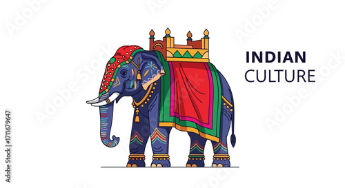 Illustration of a regal elephant adorned with vibrant decorations, symbolizing Indian culture. A visual representation showcasing the rich traditions and heritage of India