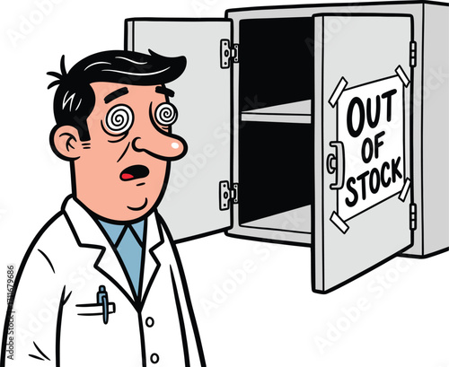 A distraught scientist discovers his laboratory cabinet is empty, revealing a stark "Out of Stock" sign.