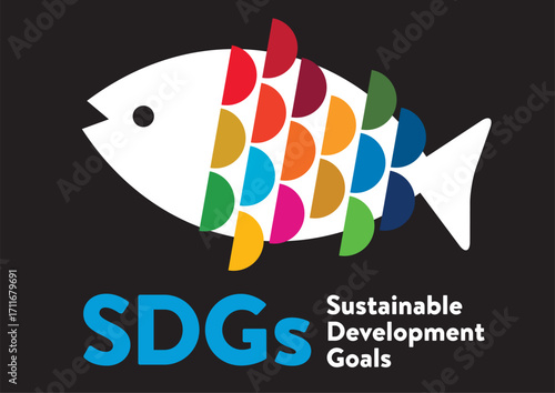 SDGsをイメージしたシンプルな背景・フレーム　魚　水産物　海　黒背景