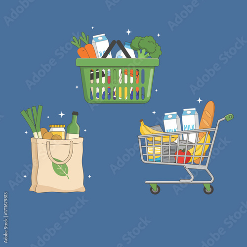 Shopping trolley, basket, bag with grocery food. Vegetables, fruits, berries, dairy, bread, past and other groceries, goods. Healthy eating concept. Isometric vector illustration.