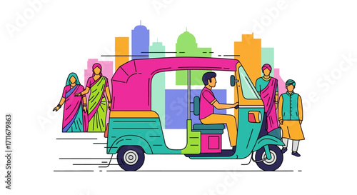 Illustration of a colorful auto-rickshaw with passengers and buildings, showing a scene of Indian travel and culture, showcasing urban transportation