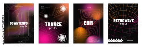 Vibrant music party posters set. Vector realistic illustration of banner templates for electro sound show or concert, abstract neon color shapes and text on black background, creative brochure layout
