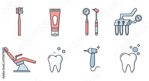 Dental care tools and icons set for dentist.