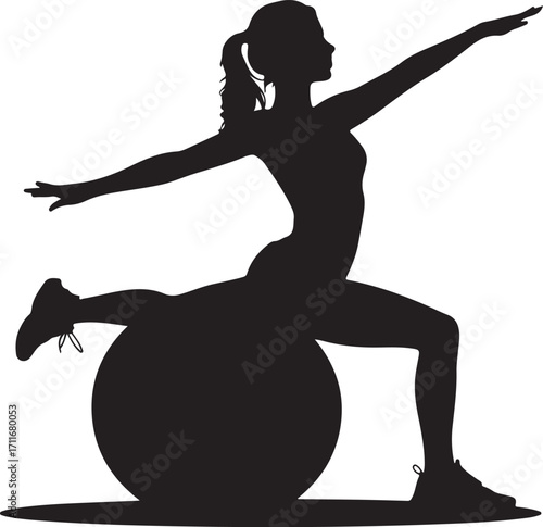 Black silhouette of a woman in a fitness pose on a large exercise ball vector