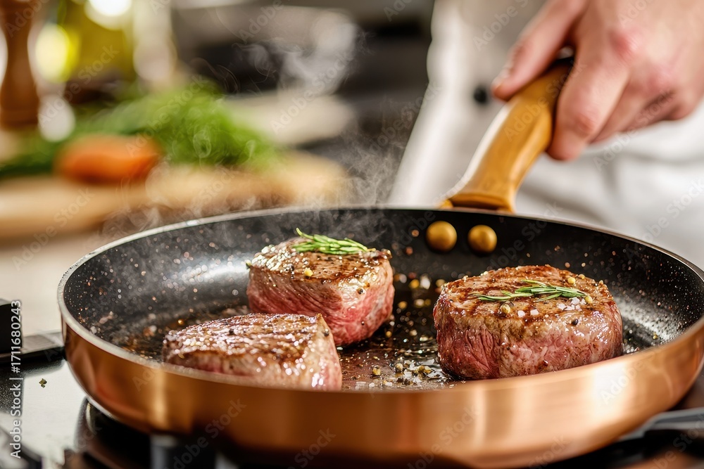 Fototapeta premium A chef is cooking perfectly seared steak fillets in a copper frying pan, with steam rising and garnished with herbs.