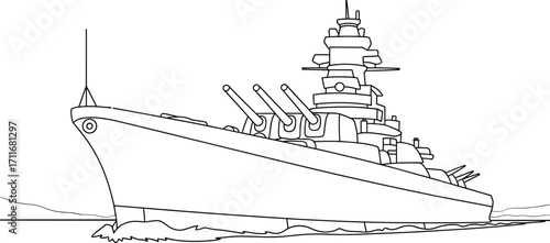Battleship sailing on ocean, large warship, naval vessel with cannons, military ship, powerful battleship, sea voyage, navy fleet, maritime defense