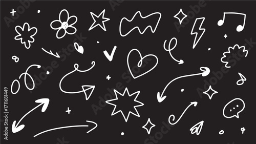 Collection of hand-drawn doodle elements on black background perfect for adding a fun quirky touch to any design project representing creativity and playfulness