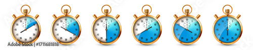 Realistic classic stopwatch. Shiny golden metal chronometer, time counter with dial. Blue countdown timer showing minutes and seconds. Time measurement for sport, start, finish. Vector illustration
