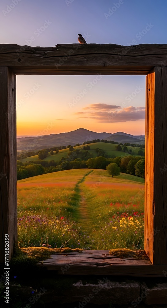 Fototapeta premium Golden Hour Mountain View Through Window.