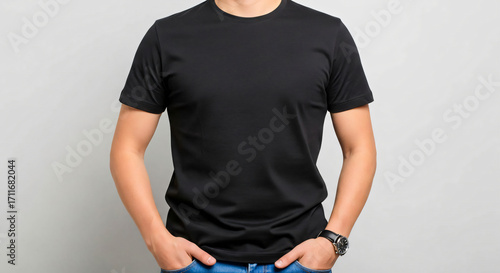Wallpaper Mural Black T-Shirt Mockup: Casual Style, Male Model Torontodigital.ca