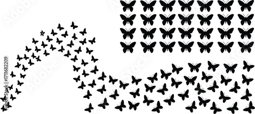 Butterfly silhouette vector set, flying butterflies pattern, abstract motion design, decorative insect shape, black butterfly clipart, nature symbol, swarm movement illustration.