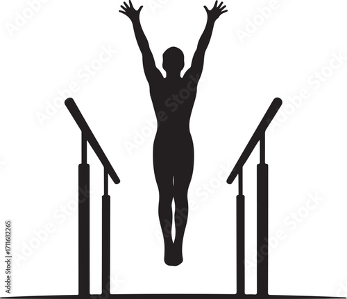 Silhouette of male gymnast performing on parallel bars with arms raised gymnastics sport