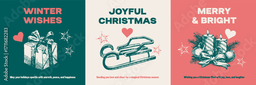 Christmas poster set with hand drawn holiday illustrations. Festive mood, elegant vintage style. Vector sketch banners