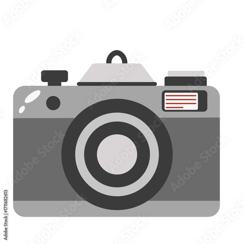 Gray camera with lens and flash, photography device illustration ideal for photo or travel themes.

