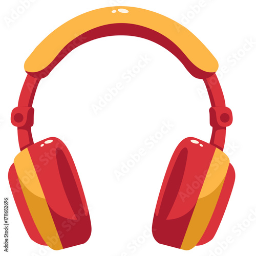Red and yellow over-ear headphones, audio device illustration perfect for music or podcast themes.

