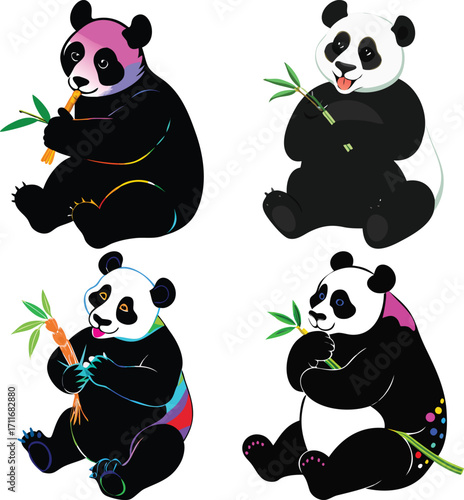 Cute panda flat design collection, vector illustration