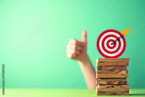 Hand Pointing at Target on Wooden Block Stack with Green Background