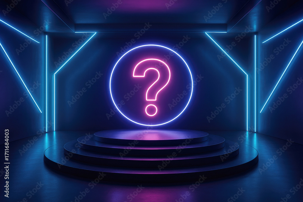 Fototapeta premium Neon Question Mark on Stage with Blue and Pink Neon Lighting and Pedestal symbol