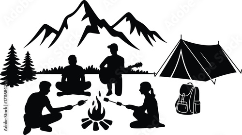 Camping Silhouette Scene with Campfire, Mountain Background, People Roasting Marshmallows, Playing Guitar, Tent Setup, Outdoor Adventure, Nature Travel, Forest Trees, Hiking Backpack Icon