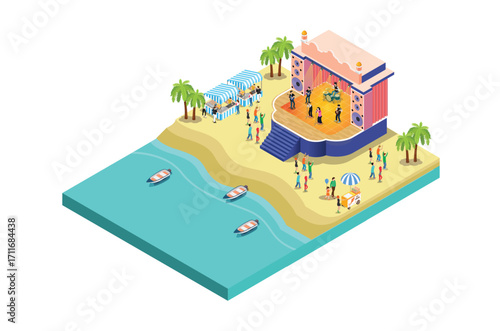 Isometric music event festival on a beach with blue sea, highway and parked vehicles in a row, 3d concept of isometric view of concert party background and stage landscape.
