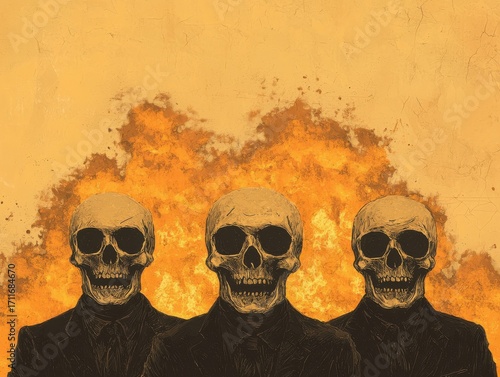 Three stylized skulls in suits against a fiery background, symbolizing mortality.