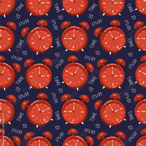Seamless pattern with red alarm clocks and quotes time to study on a dark blue background, vector illustration.