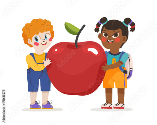 Two school children boy and girl smile and hold a large red apple on a white background, print for children tshirt, card, poster concept.