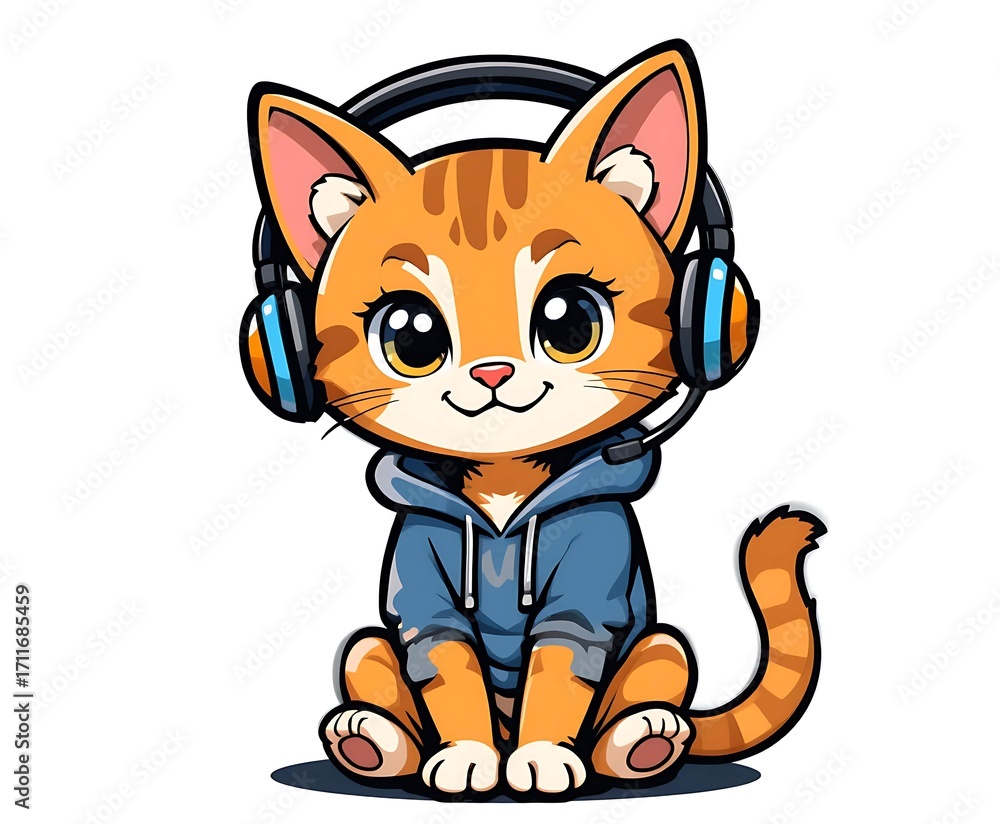 Obraz premium Cute cartoon cat in headphones. Vector illustration isolated on white background.