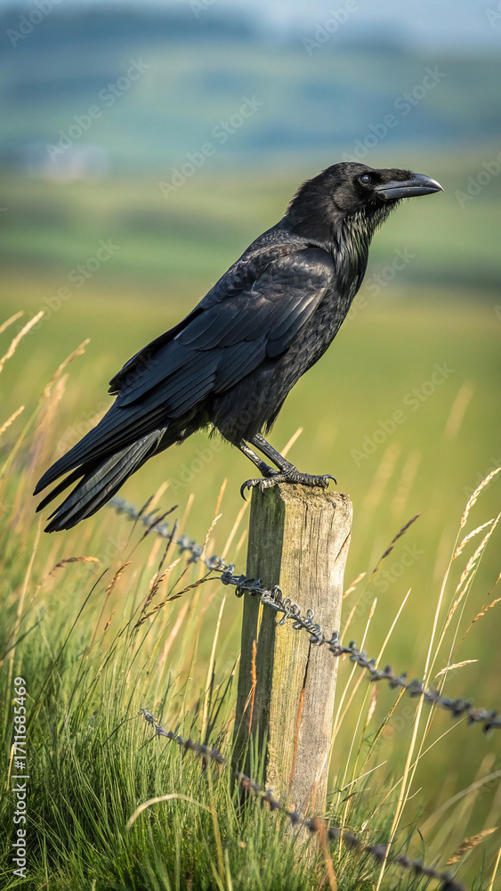 Obraz premium Black Raven Perched on Wooden Post in Grassy Field