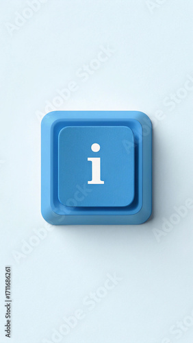 Blue square button with white lowercase i information symbol on light blue background