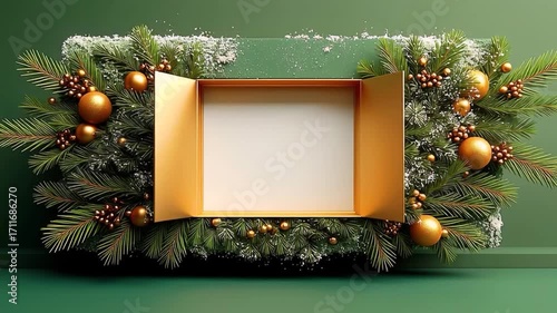 Luxury golden box opens on a green background, framed by pine branches, ornaments, and snow. Ideal for holiday promotions.. Advent Calendar Window