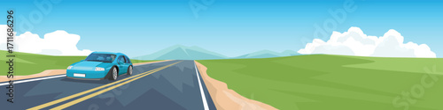 Landscape of sedan car on straight path ahead of the asphalt road. Wide open area of ​​green fields on the hills. Clouds in the background under the blue sky as a banner background.