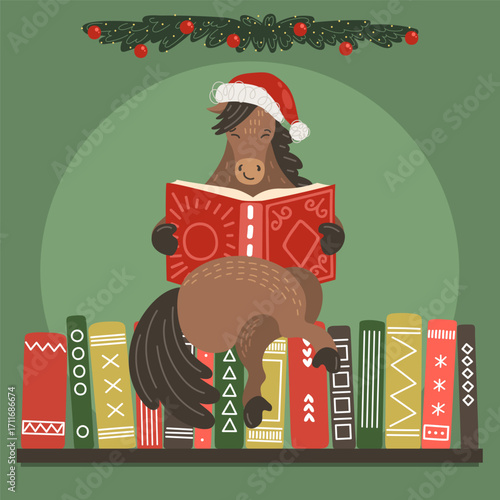 Horse in santa hat reading book on stack of books. Christmas, New Year concept.