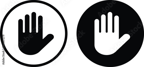 hand icon set in black circle. sign to inform to stop isolated on white background