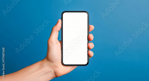 Wallpaper Mural Hand Holding a Blank Smartphone Against Blue Backdrop Torontodigital.ca