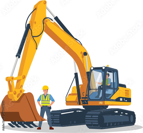 Yellow excavator with worker and operator, suitable for construction, engineering, machinery, industrial themes, showcasing teamwork and heavy equipment operations.