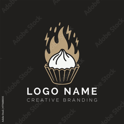 Steaming Dumpling Logo with Flames Culinary Branding
