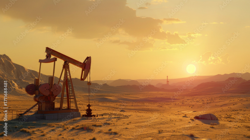 Fototapeta premium Oil pump jack operates under a beautiful sunset in an arid landscape