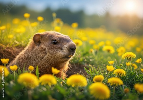 Adorable groundhog peeking out of burrow surrounded by bright yellow dandelions in a sunny meadow