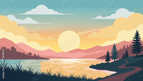 Serene Sunset Over a Scenic Lake With Mountains and Forest Landscape
