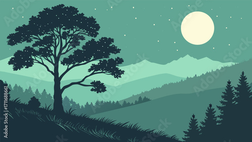 Tranquil Forest Landscape with Full Moon and Rolling Hills at Night