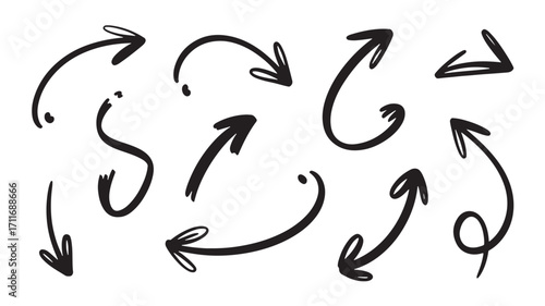 Hand-drawn arrow collection featuring various curved and straight arrows perfect for design projects needing direction indicators or pointers