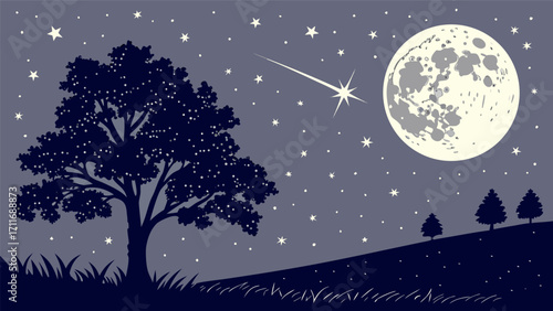 Illustration of a Moonlit Night Landscape with Stars and Shooting Meteor