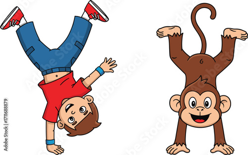 Cartoon boy doing handstand with happy monkey, kids gymnastics, playful animals, fun activity illustration, energetic child and jungle friend