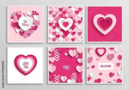 Collection of six romantic valentine s day greeting cards with pink hearts and floral elements